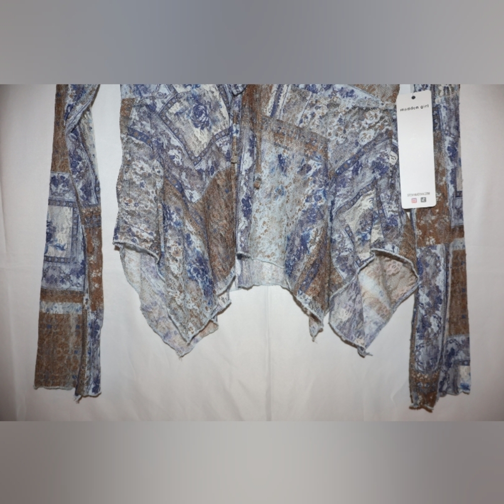 MADDEN GIRL Blue & Brown Bohemian Mesh Hanky Long Sleeve Top. Medium. NWT. - Picture 5 of 8